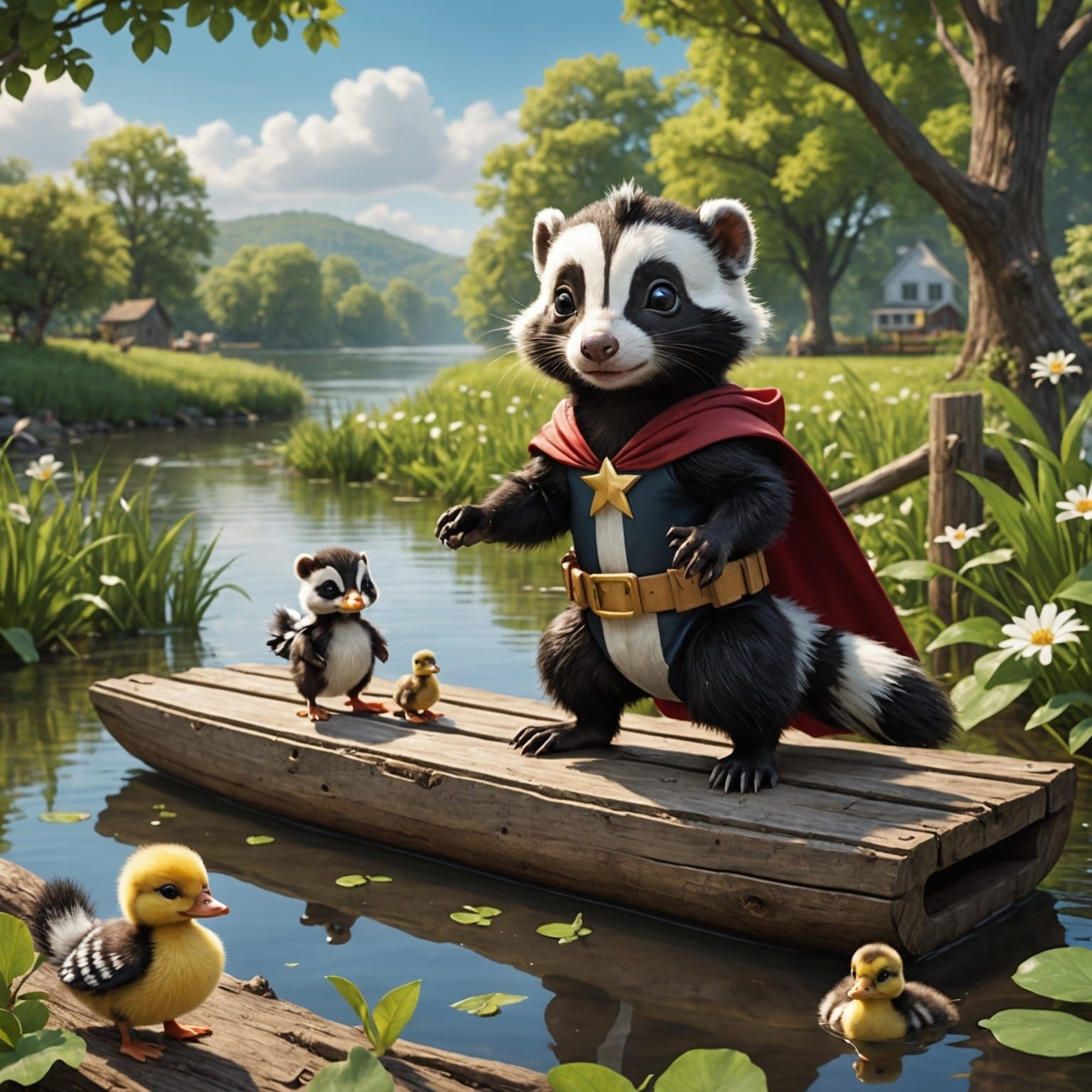 skunk superhero rescuing baby ducks