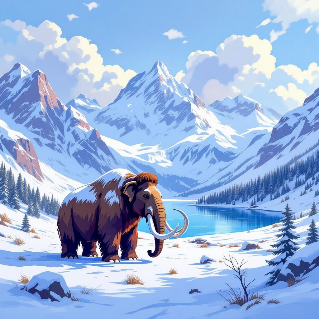 Woolly Mammoth in Snowy Valley: Stylized Watercolor Illustra...