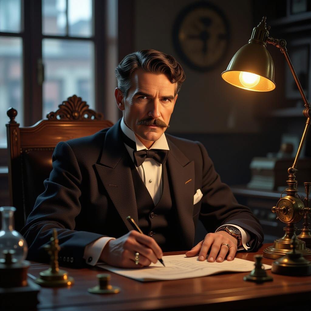 Nikola Tesla at Work, in Retro-Futuristic Style