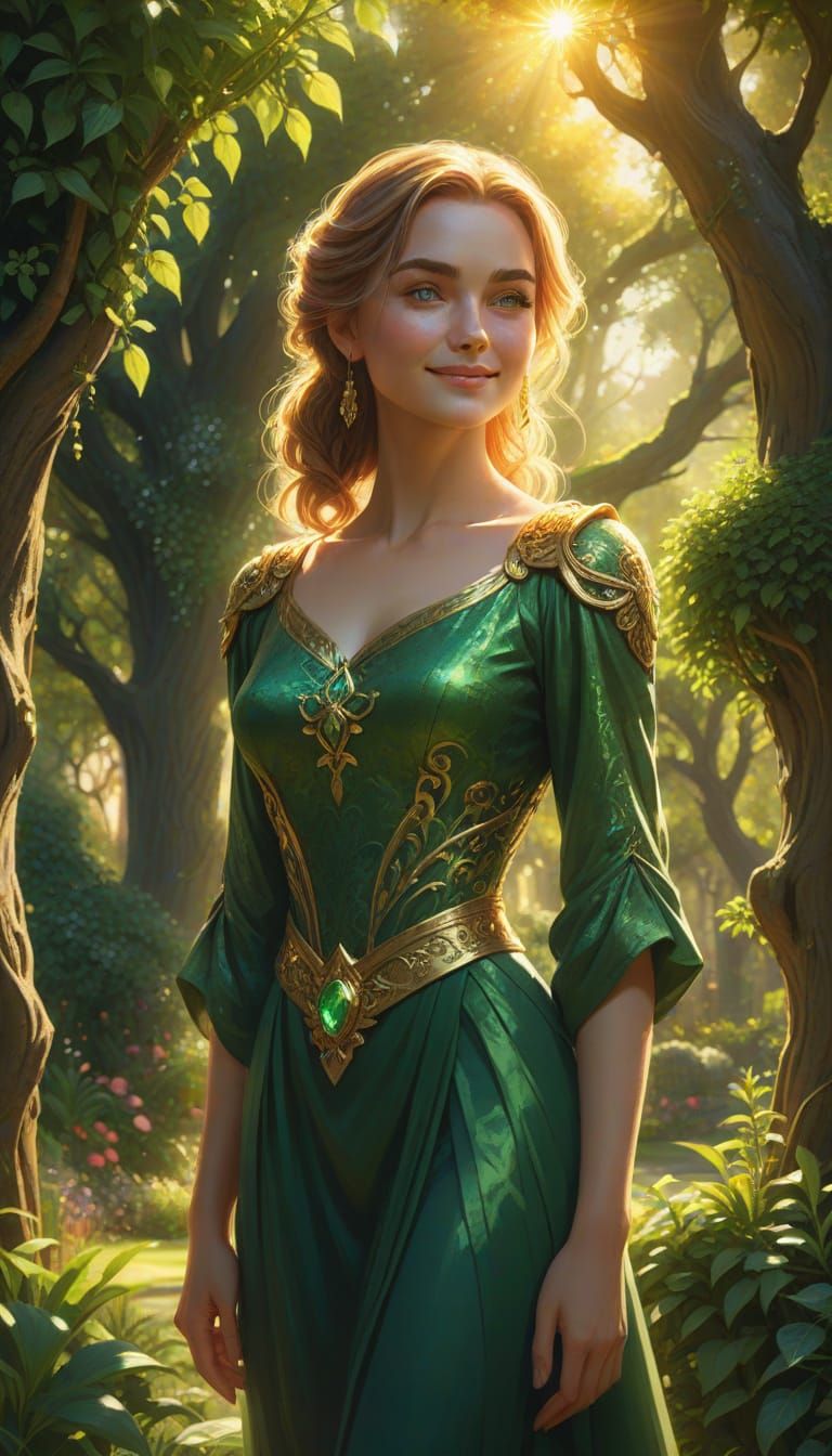 Elegant Woman in Lush Garden at Golden Hour