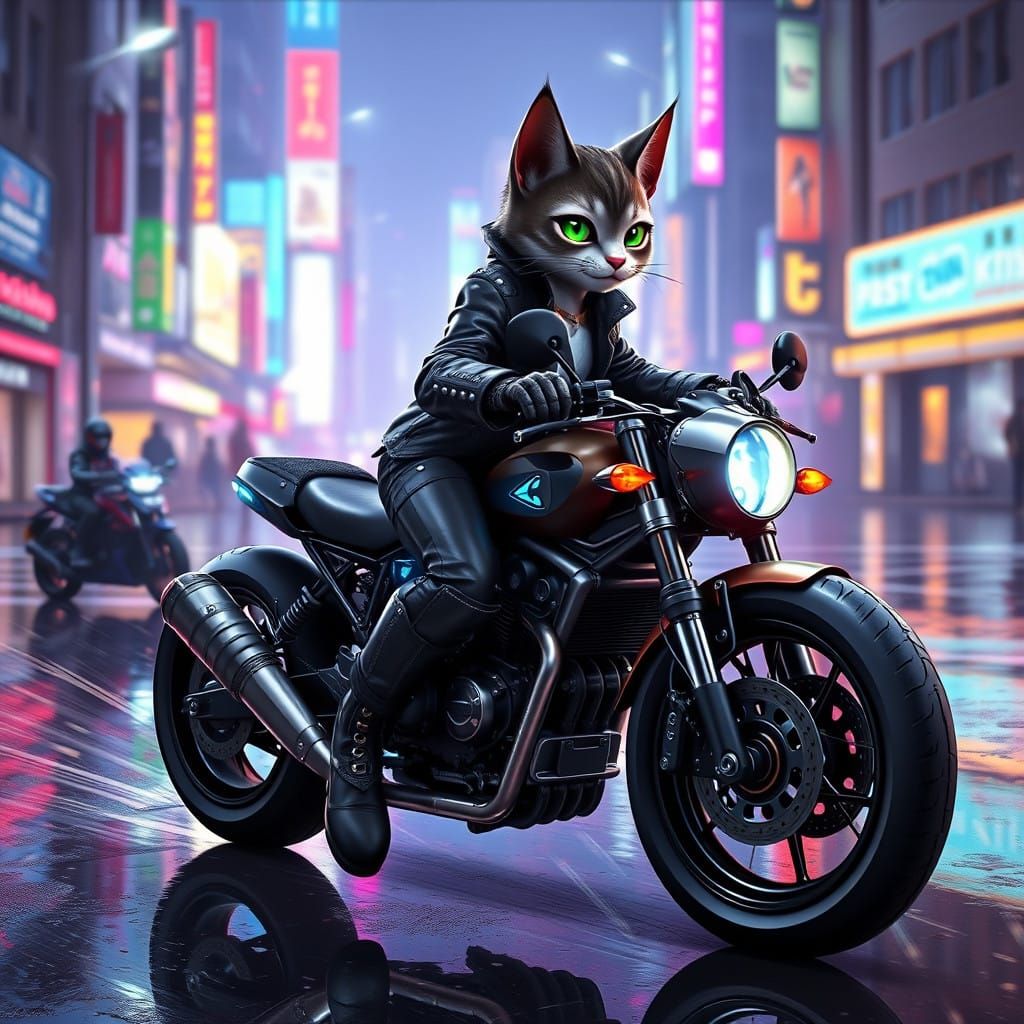 Whimsical Biker Feline in Dynamic Cityscape