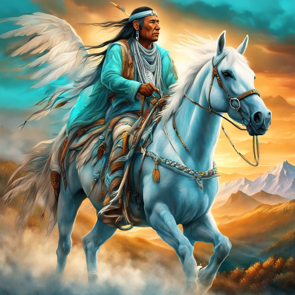 Native American on White Horse in Airbrush Art