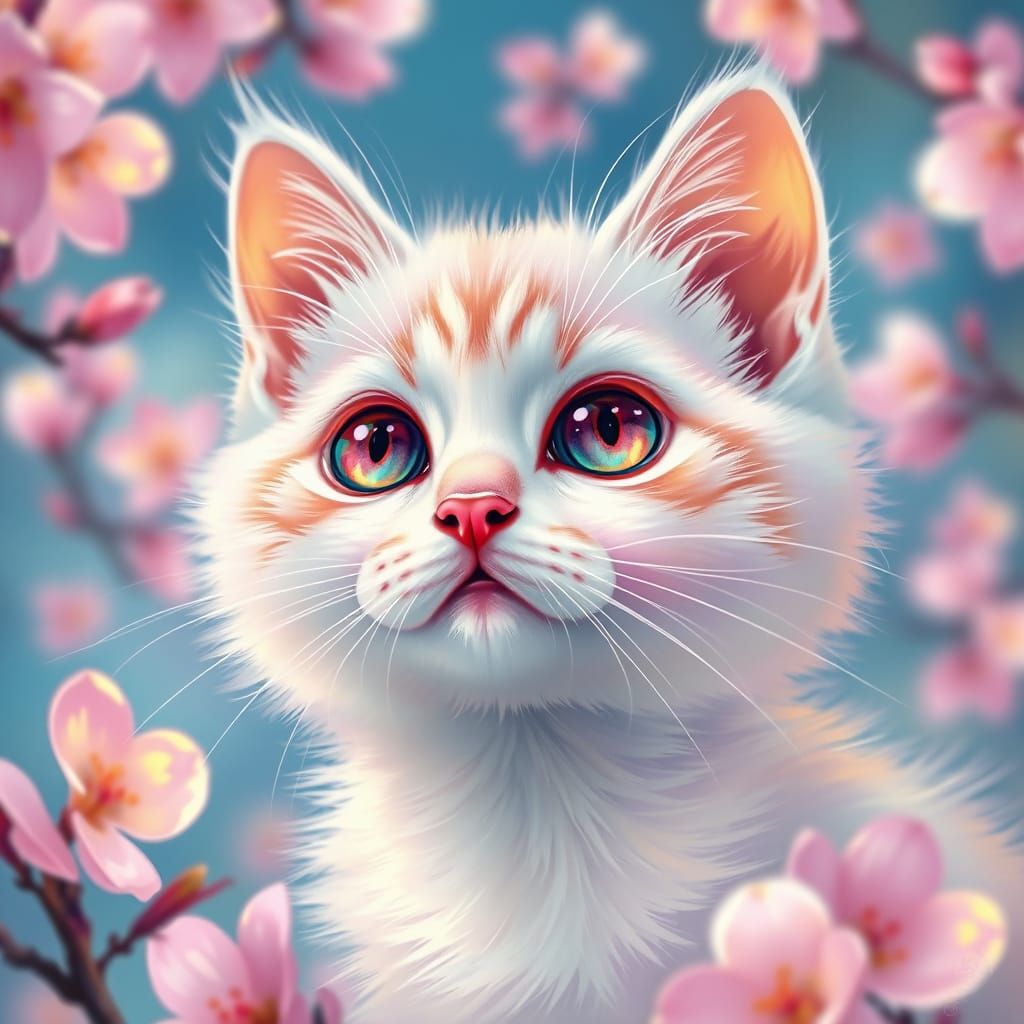 white kitten figure made of sakura cherry blossom leaf, colo...