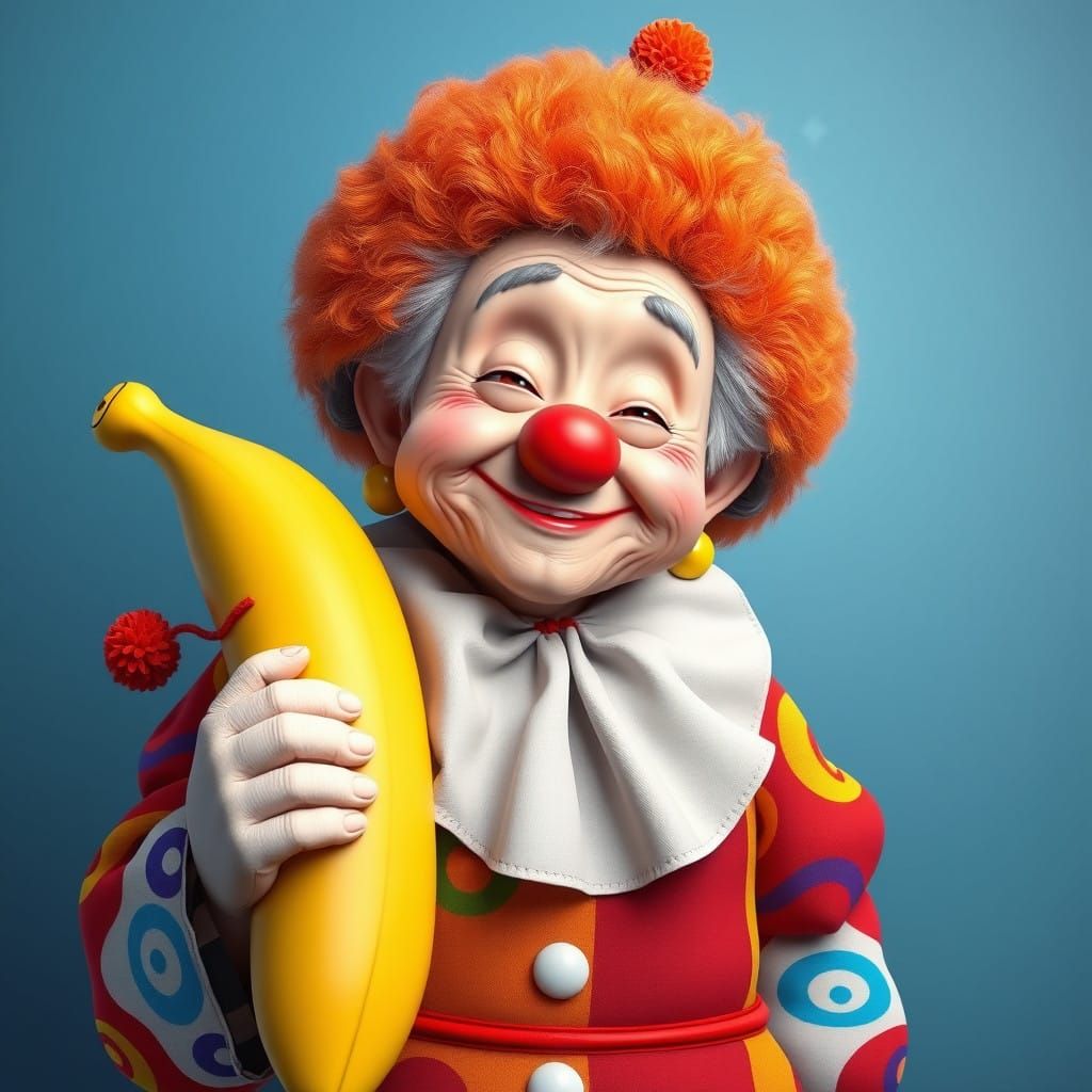 Whimsical Grandma Clown Holds Giant Banana in 3D Anime Style