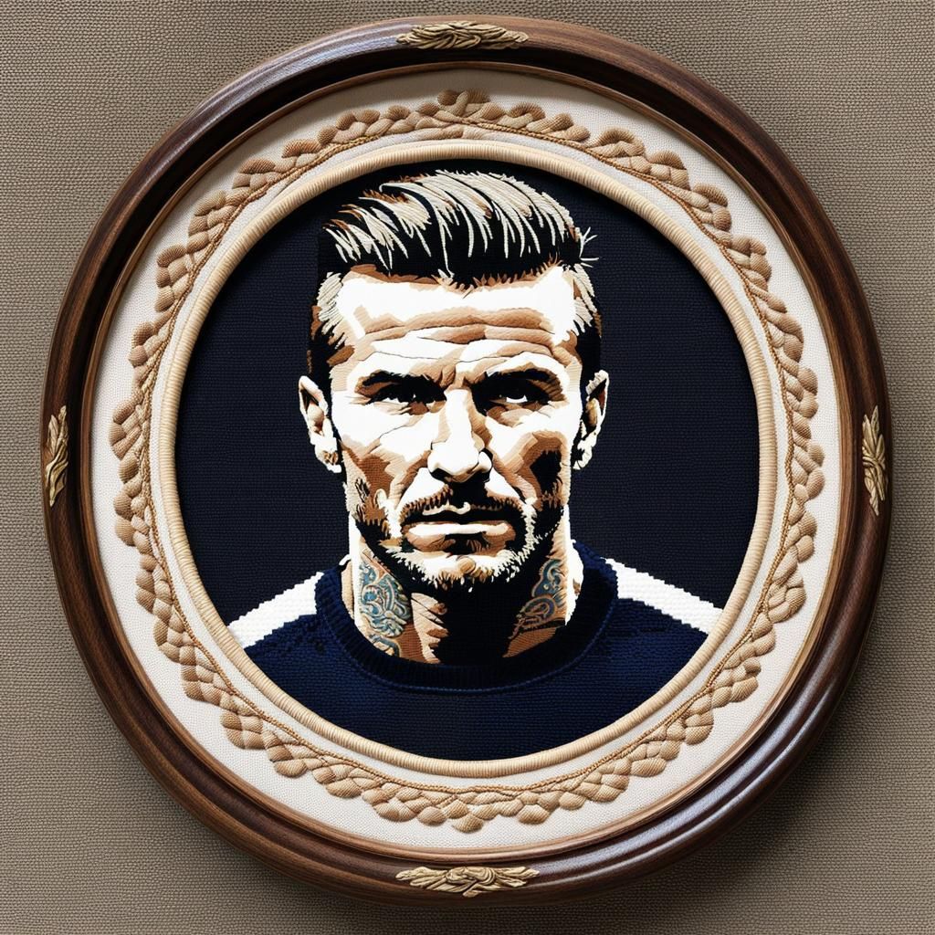 Detailed Embroidery of David Beckham in Oval Frame