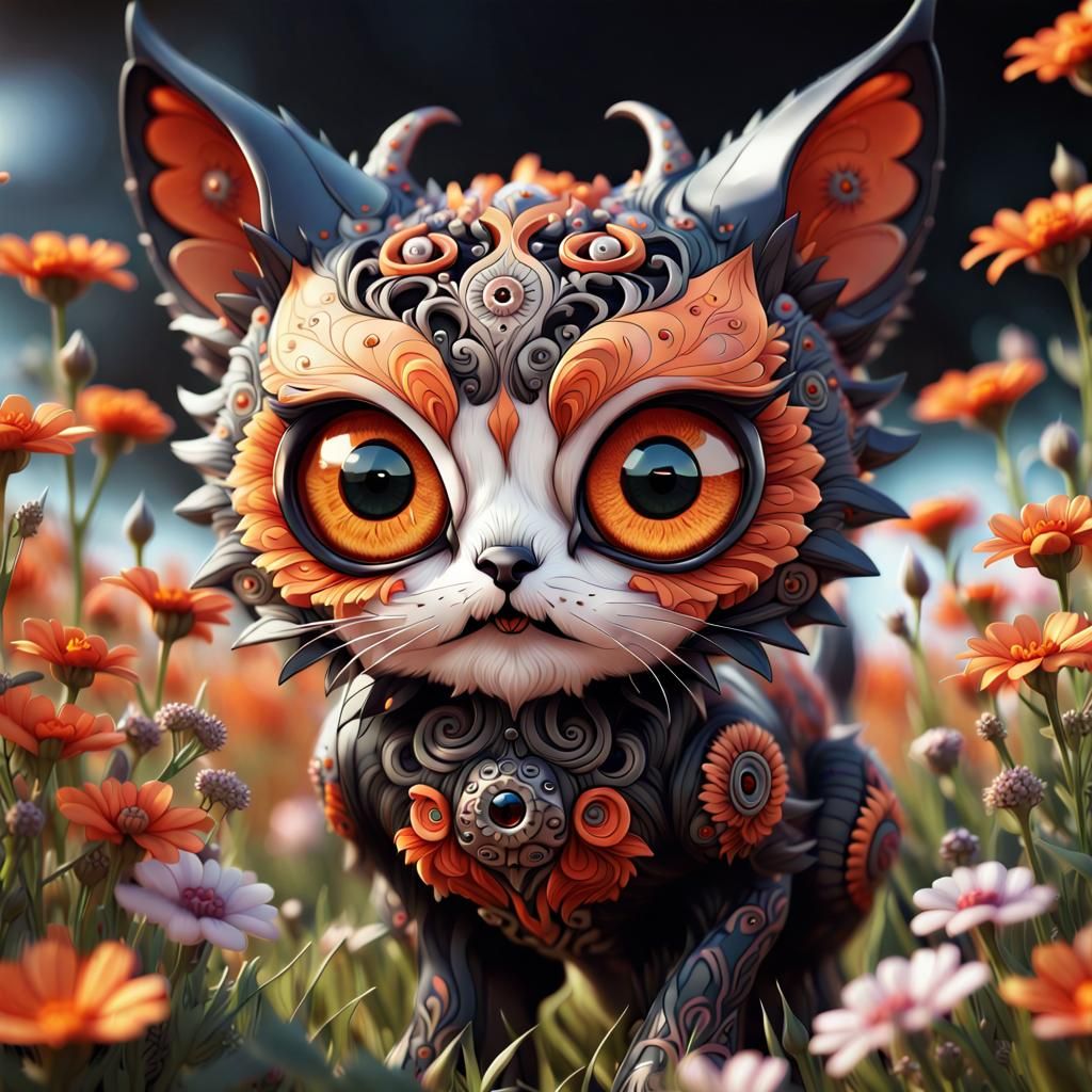 Cute Monster Cat with Tilted Head in Fantasy Art