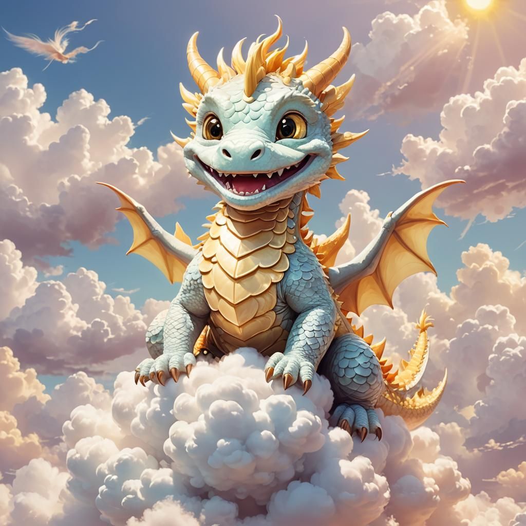 Sunshine Dragon on Cloud in Whimsical Digital Art