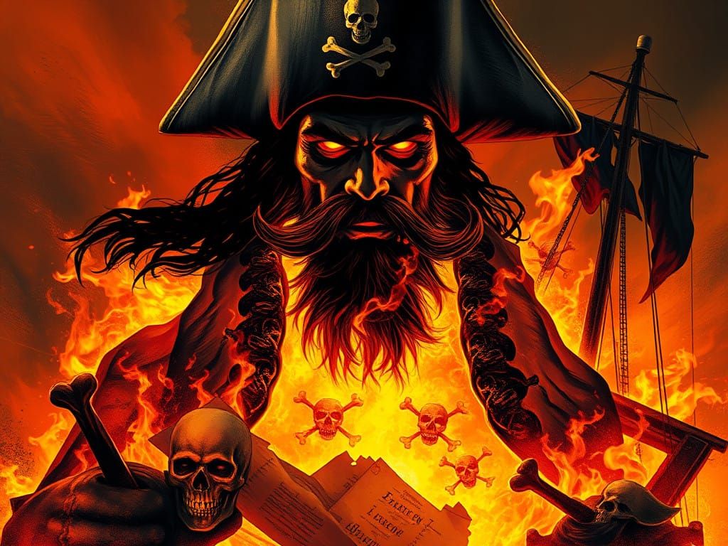 Swashbuckling Pirate Blackbeard, Enveloped in Fiery Inferno