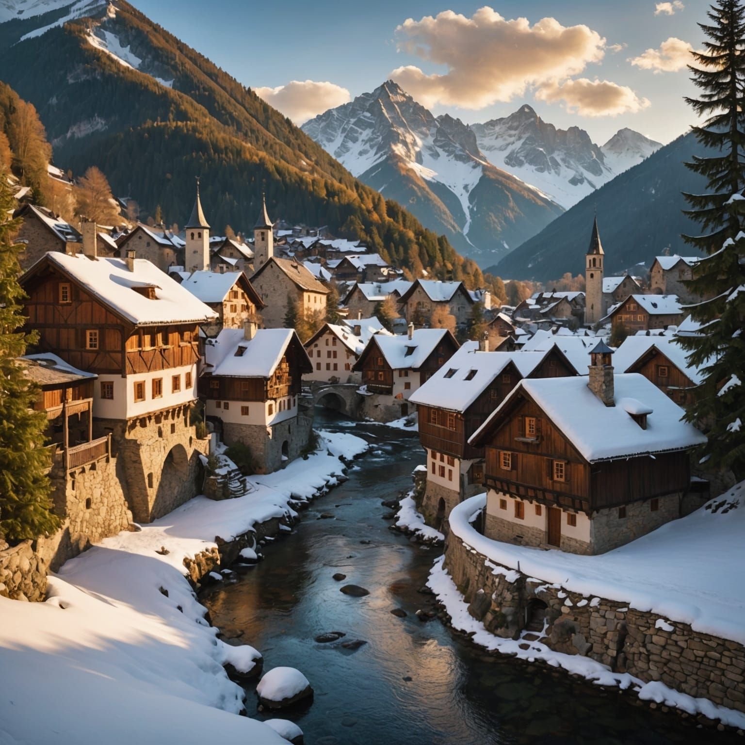 Mountain Village at Sunset: Detailed Matte Painting