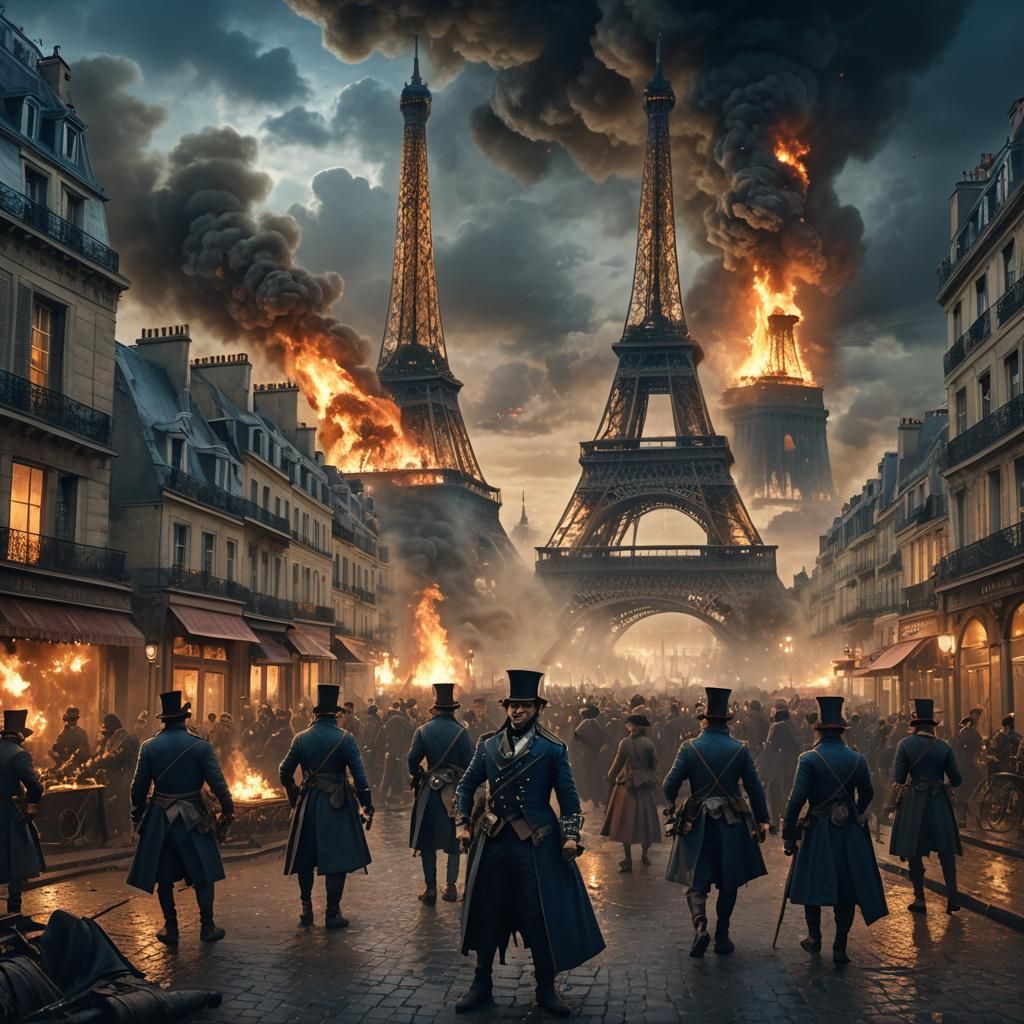 Chaotic Bastille Day Scene in Steampunk Paris