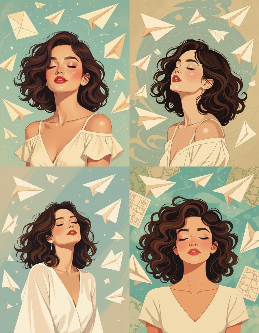 Ethereal Woman Surrounded by Flying Maps