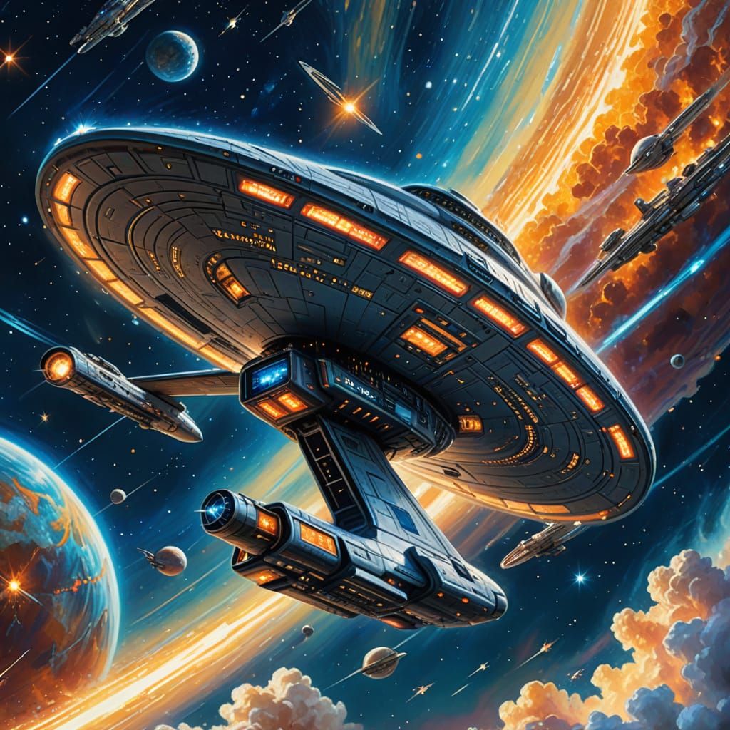 Starship Enterprise Soaring Through Space: Oil Painting
