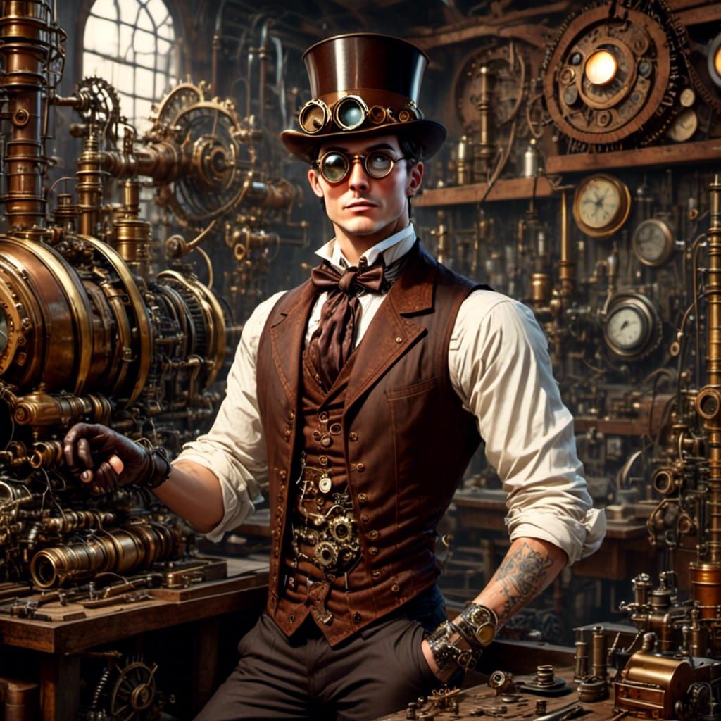 Steampunk Mechanic with Brass Goggles and Top Hat