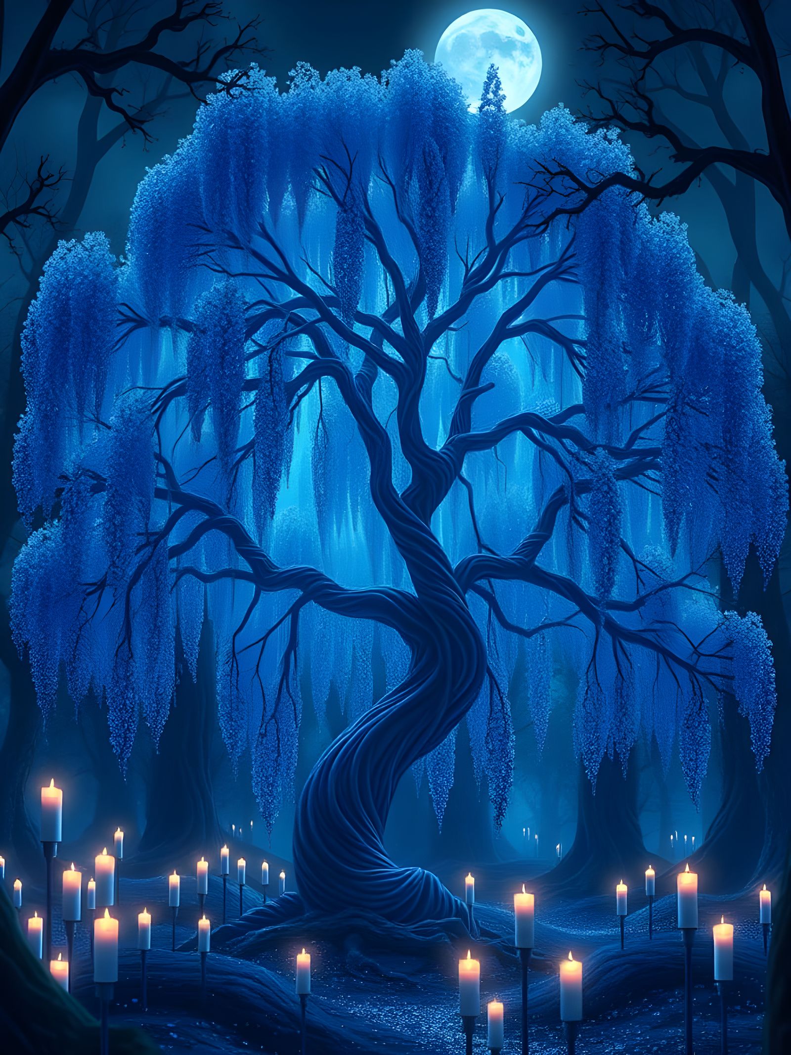 Magical Blue Wisteria Tree in Fairytale Forest