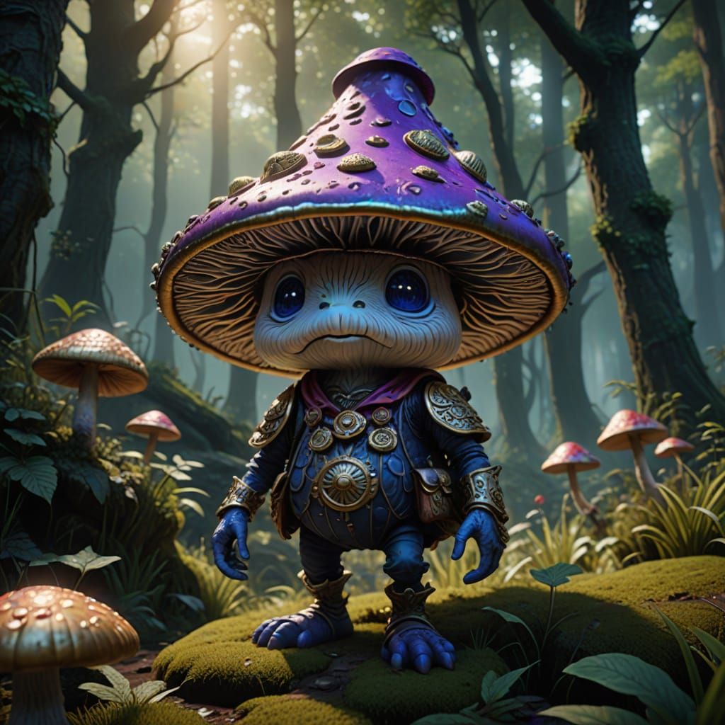 magic mushroom with a hat, a face, arms and legs