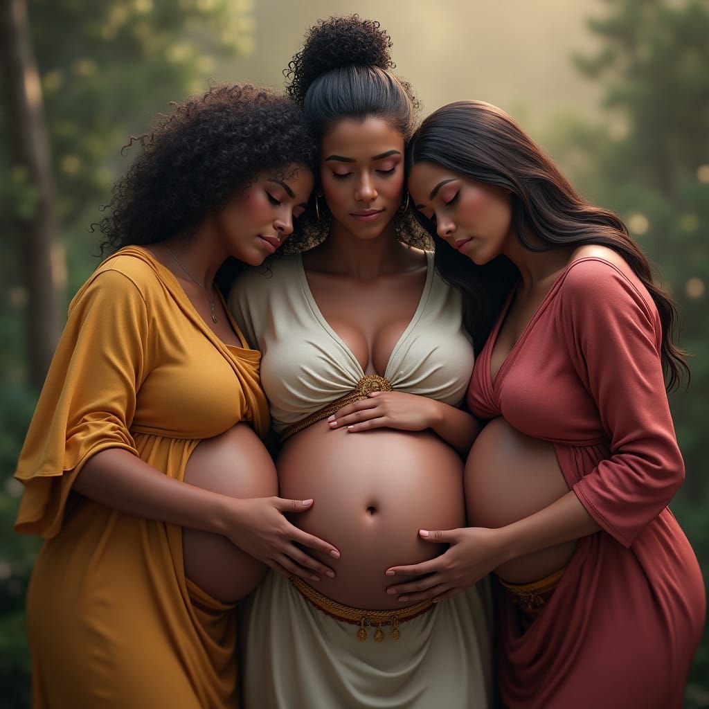 Surreal Biracial Pregnant Women with Jesus in Fantastical Ma...