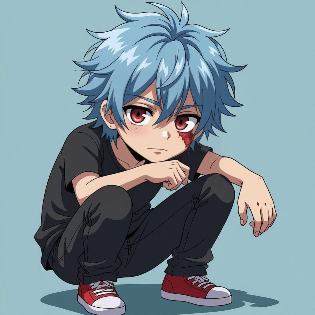 Young Anime Character with Scars and Blue Hair