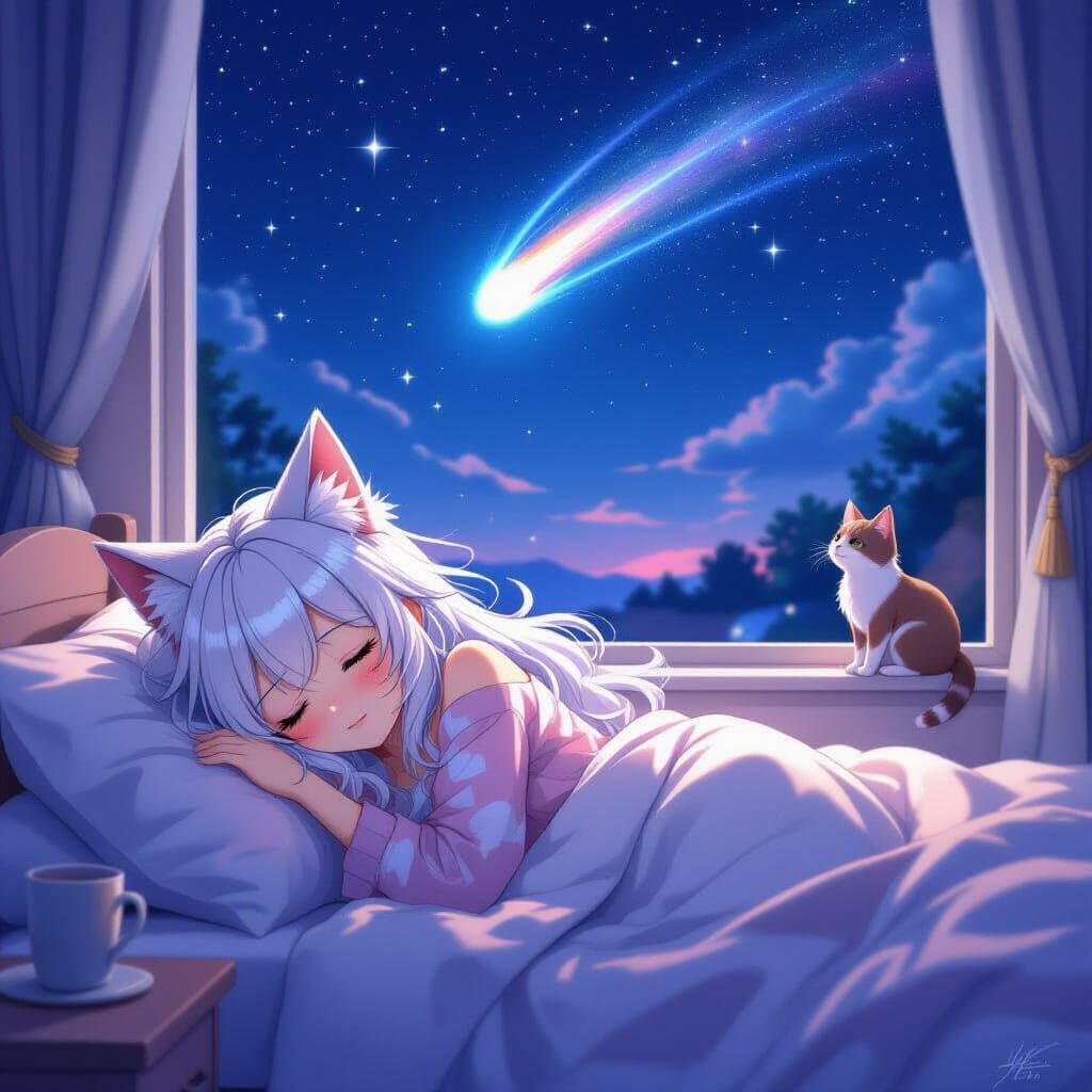 Anime Girl with Wolf Ears Asleep Under Comet
