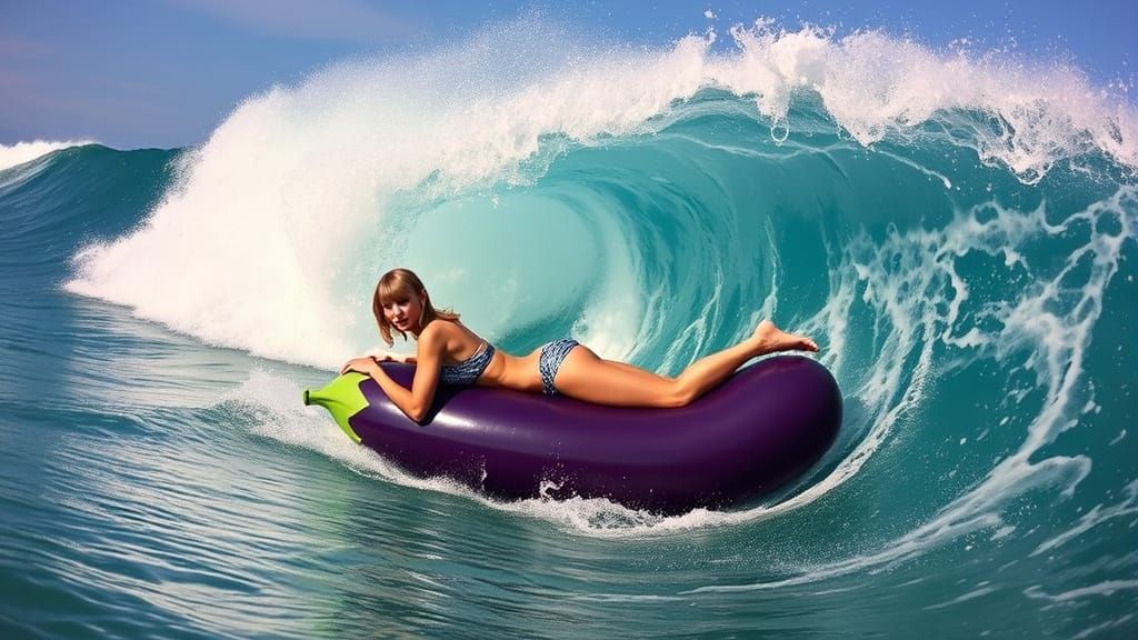 Taylor Swift Rides Ocean Wave on Inflatable Eggplant