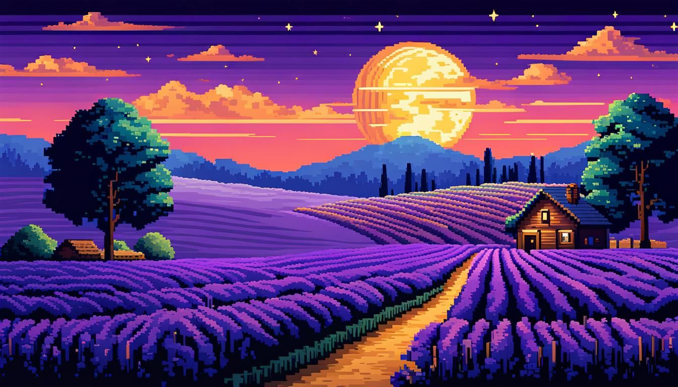 Moonlit Lavender Field in Pixel Art Style