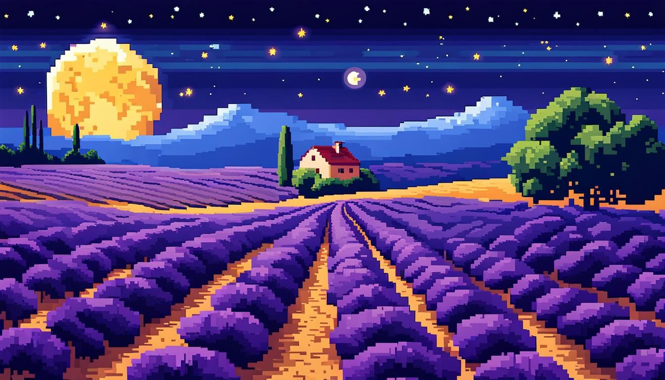 Lavender Fields Under Starry Moon in Pixel Art
