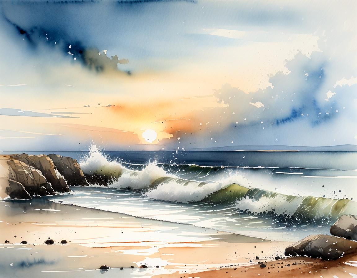 Sunset Seascape Watercolour Painting with Textural Effects