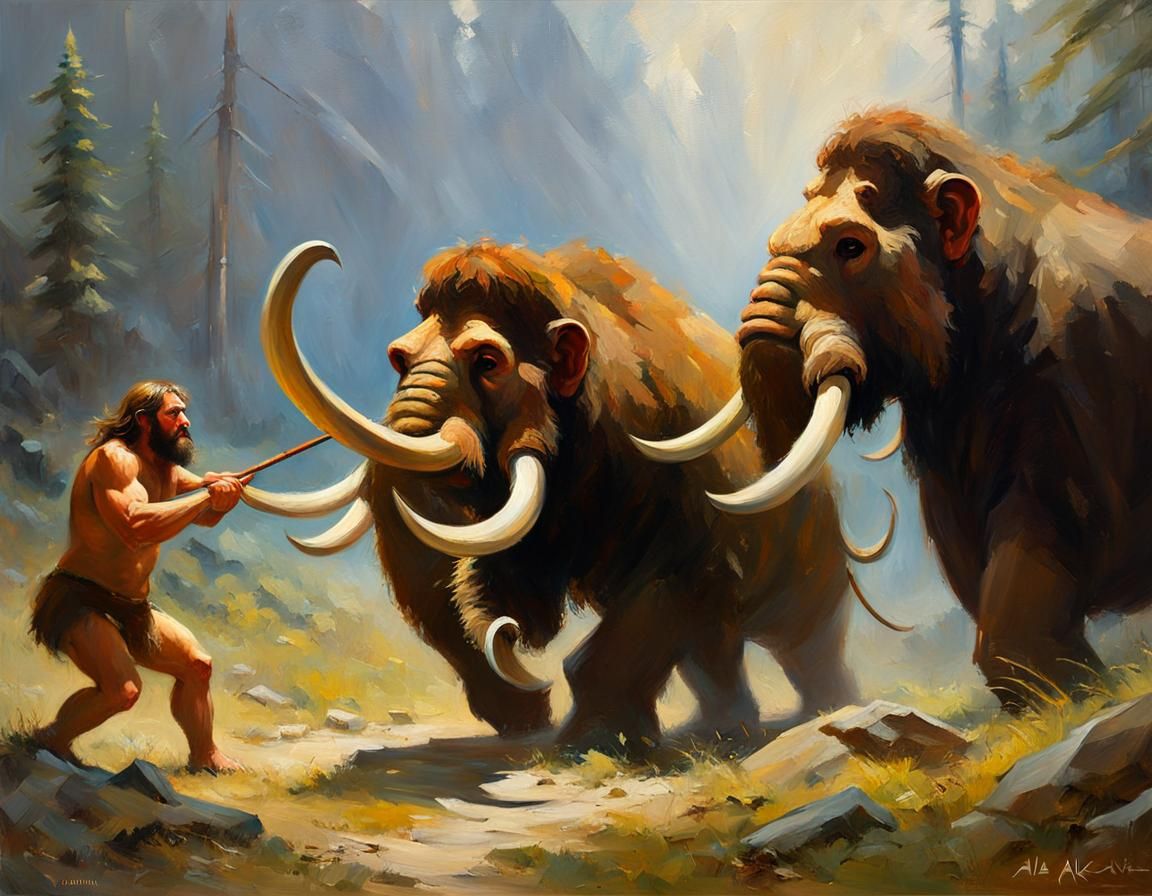 Neanderthal Mammoth Hunt: Breathtaking Alla Prima Oil Painti...