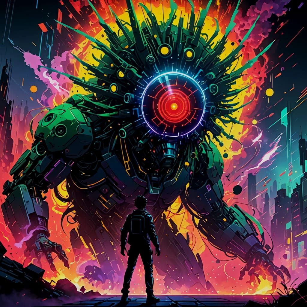 Cyber Giant Emerges in Glitchcore Style