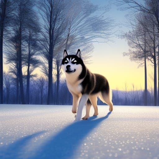 Husky in a Blue Snow Wilderness at Sunset