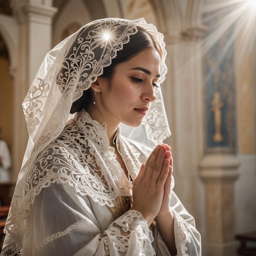Young Woman Praying in Church with Divine Light