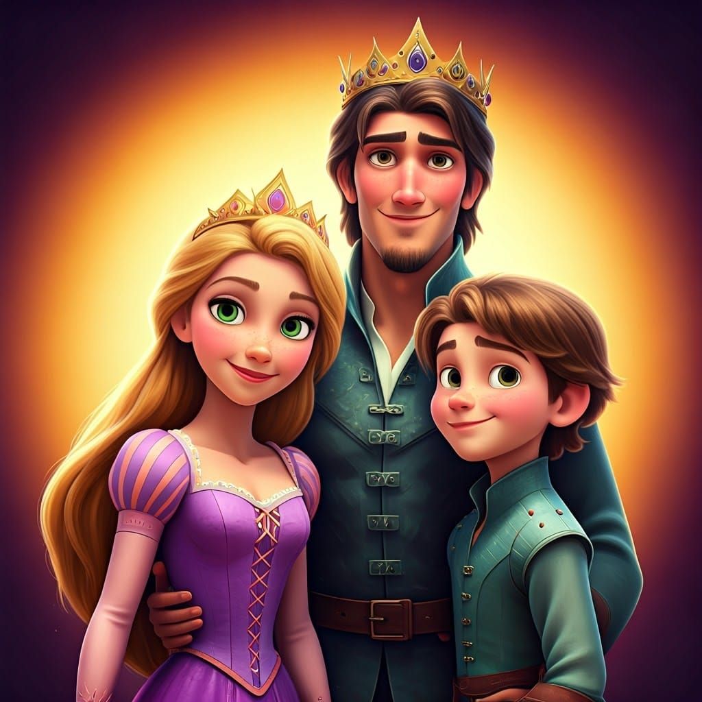 Royal portrait of Rapunzal and Flynn Rider/Eugine with their son