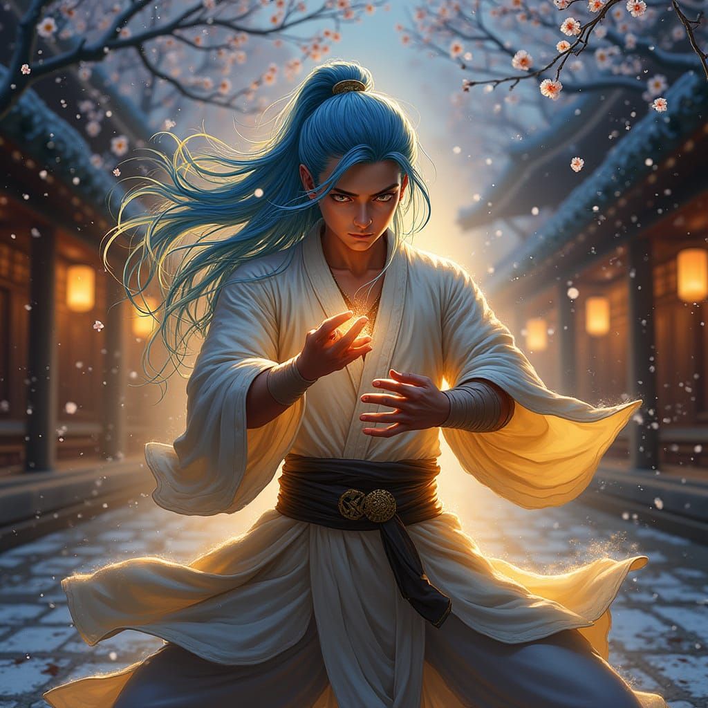 Golden Aasimar Monk in Martial Arts Stance, Radiant Aura and...