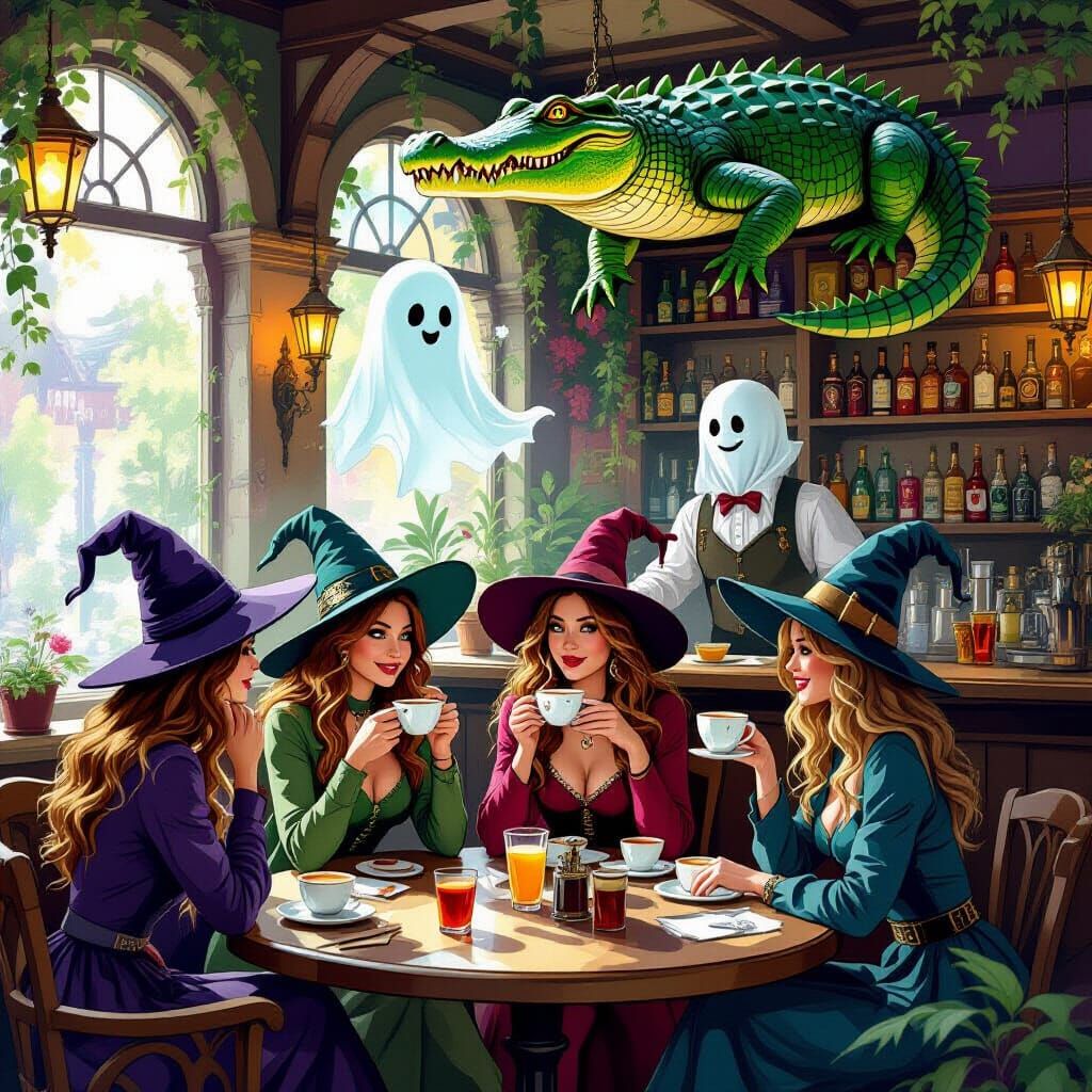 Enchanted Café with Witches and a Ghost Waiter