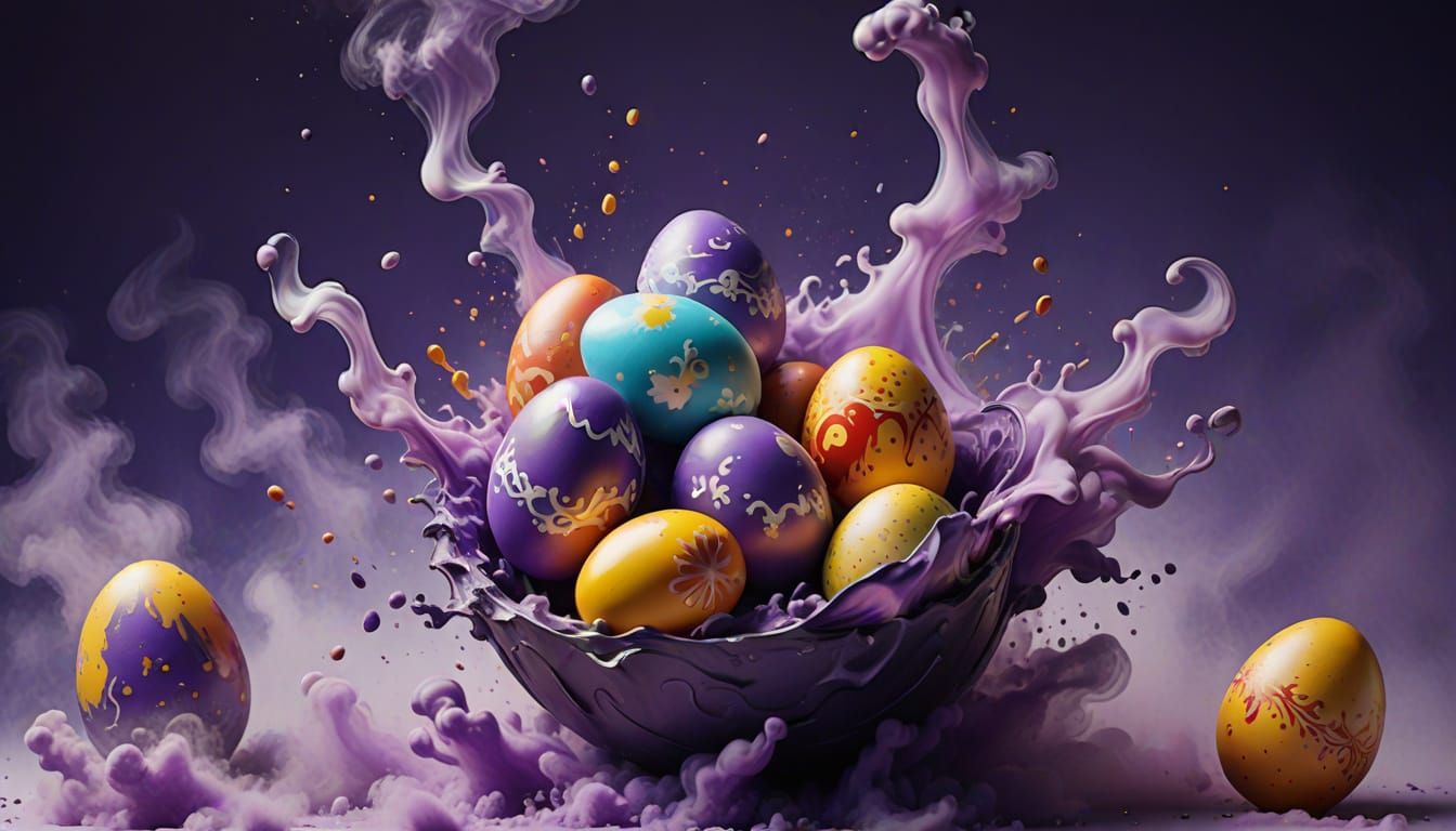 Vibrant Easter Eggs Levitate Amidst Lavender Haze