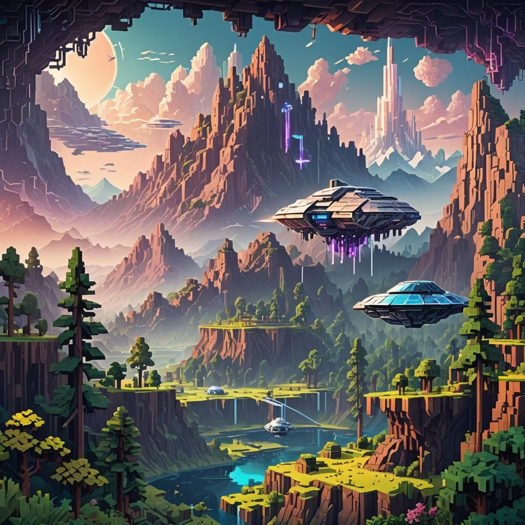 Pixelated Cyborg Spaceship in Minecraft Style Landscape