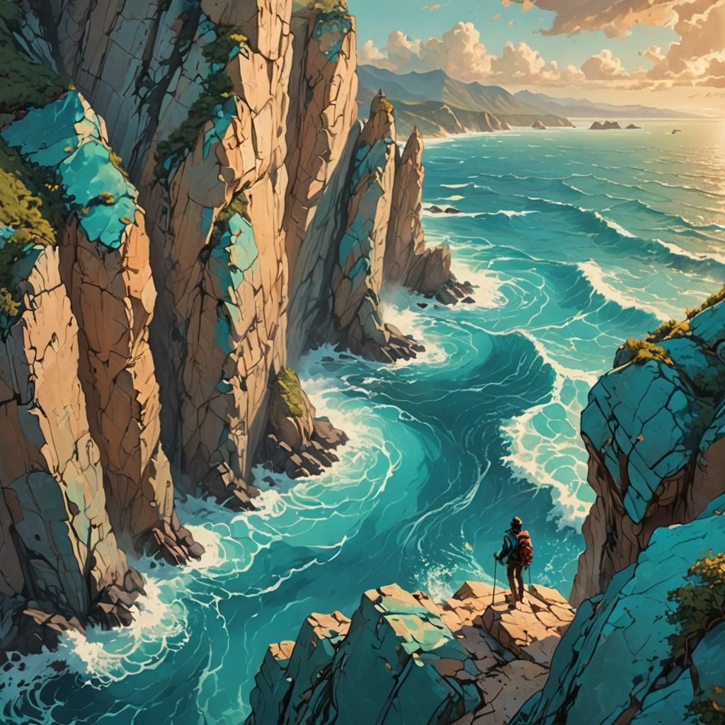 Hiker Climbing Ocean Wall: Dreamlike Concept Art