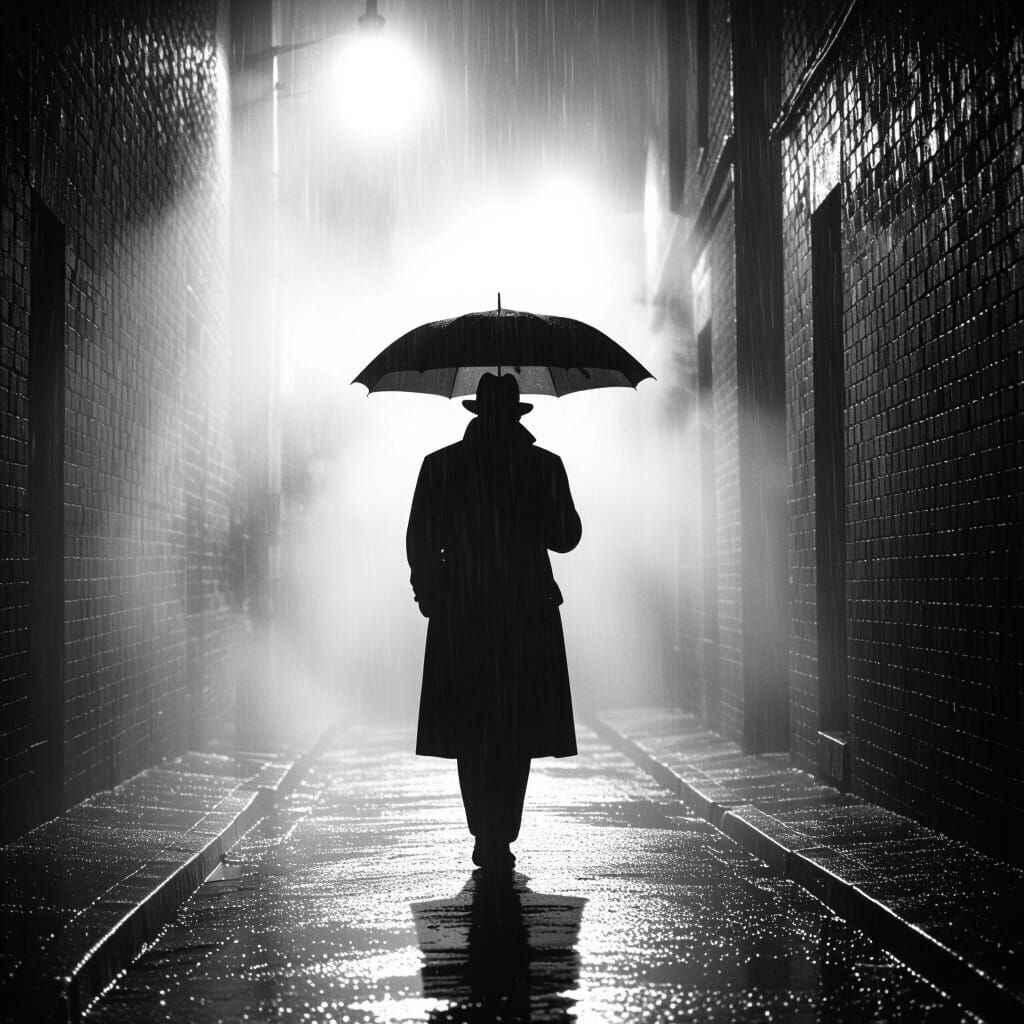 Noir Detective in Rainy Alley, Film Noir Style