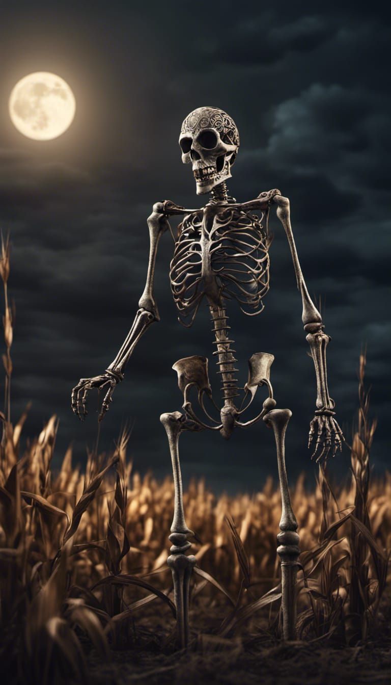 Wrought Iron Skeleton in Cornfield: 3D Digital Art