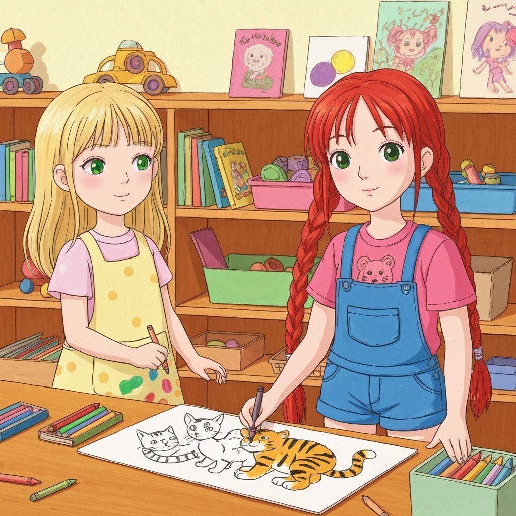 Children's Art: Girls Drawing Cats and Tigers