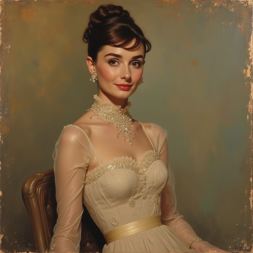 Elegant Audrey Hepburn in Classical Oil Painting