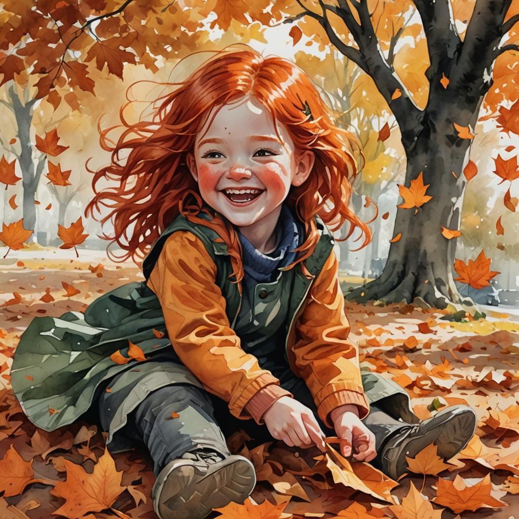 Girl Playing in Autumn Leaves Watercolor Painting