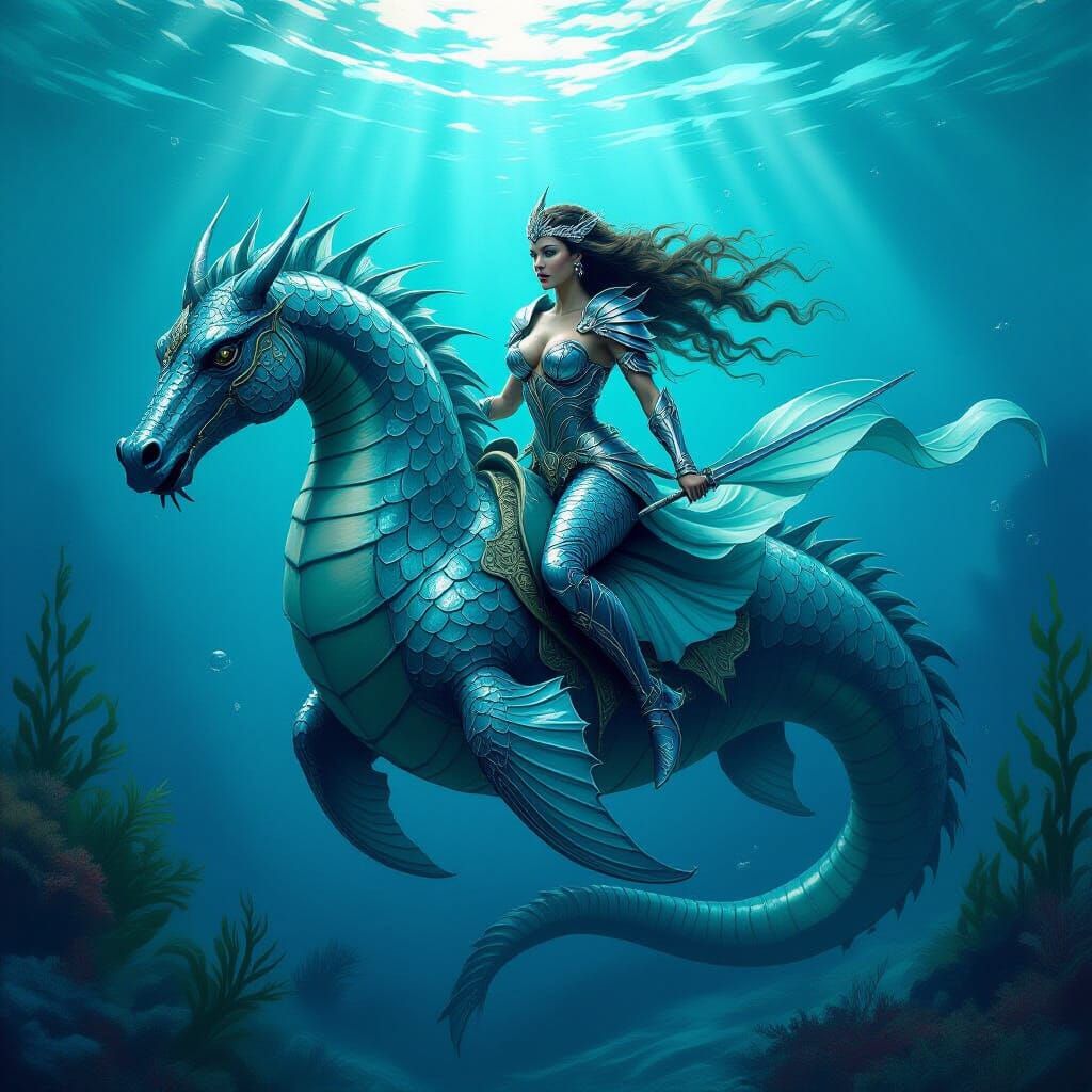 Mermaid Warrior on Seahorse Battles Sea Serpent