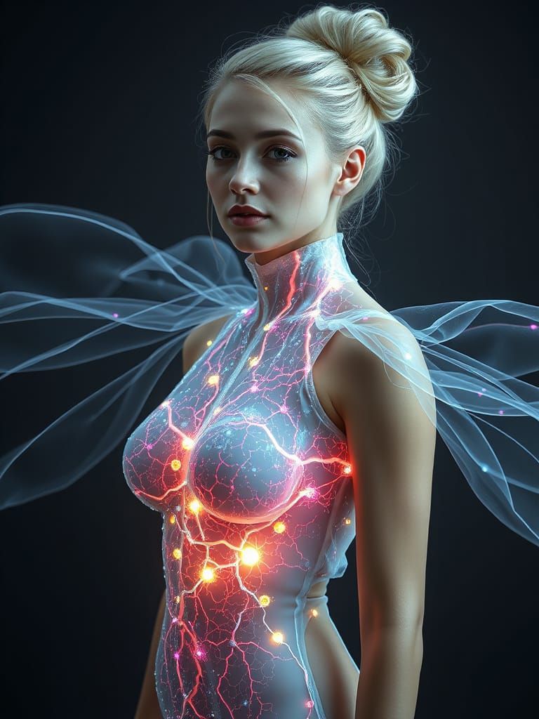 Ethereal Woman with Bio-Organic Dress in Hyperrealism