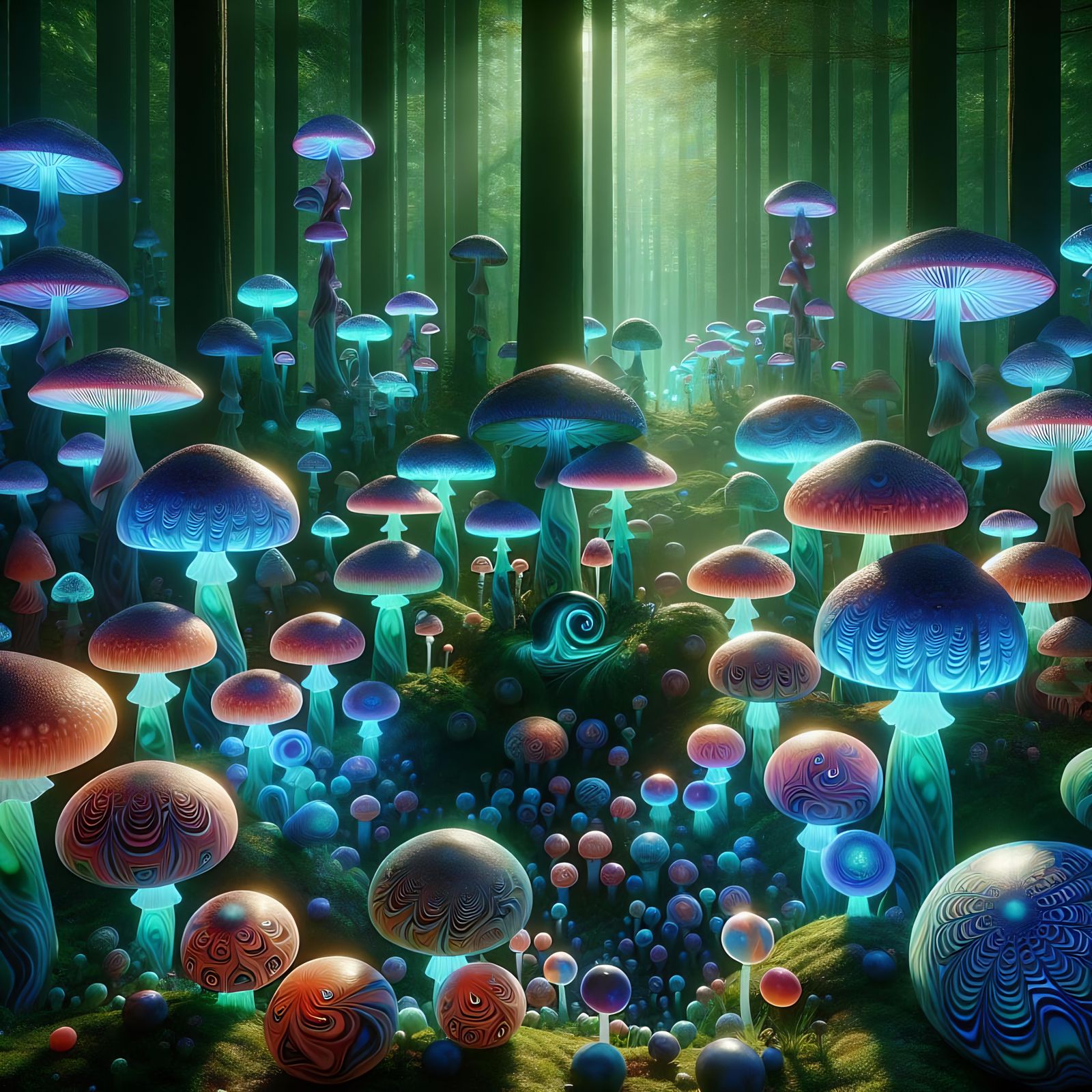 Lush Forest with Bioluminescent Mushrooms in Photorealistic ...