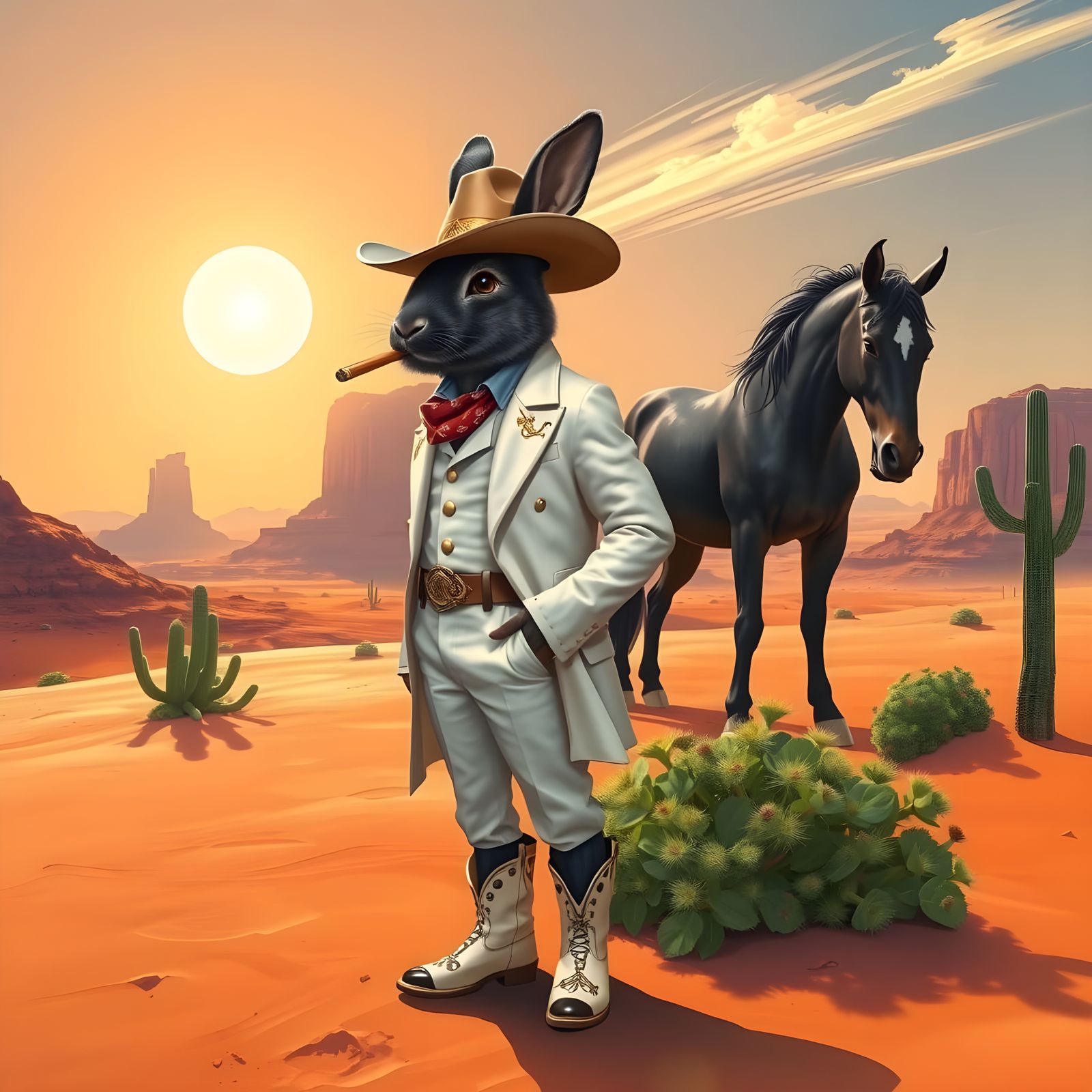 Majestic Black Rabbit in Cowboy Attire Stands Tall in Crimso...