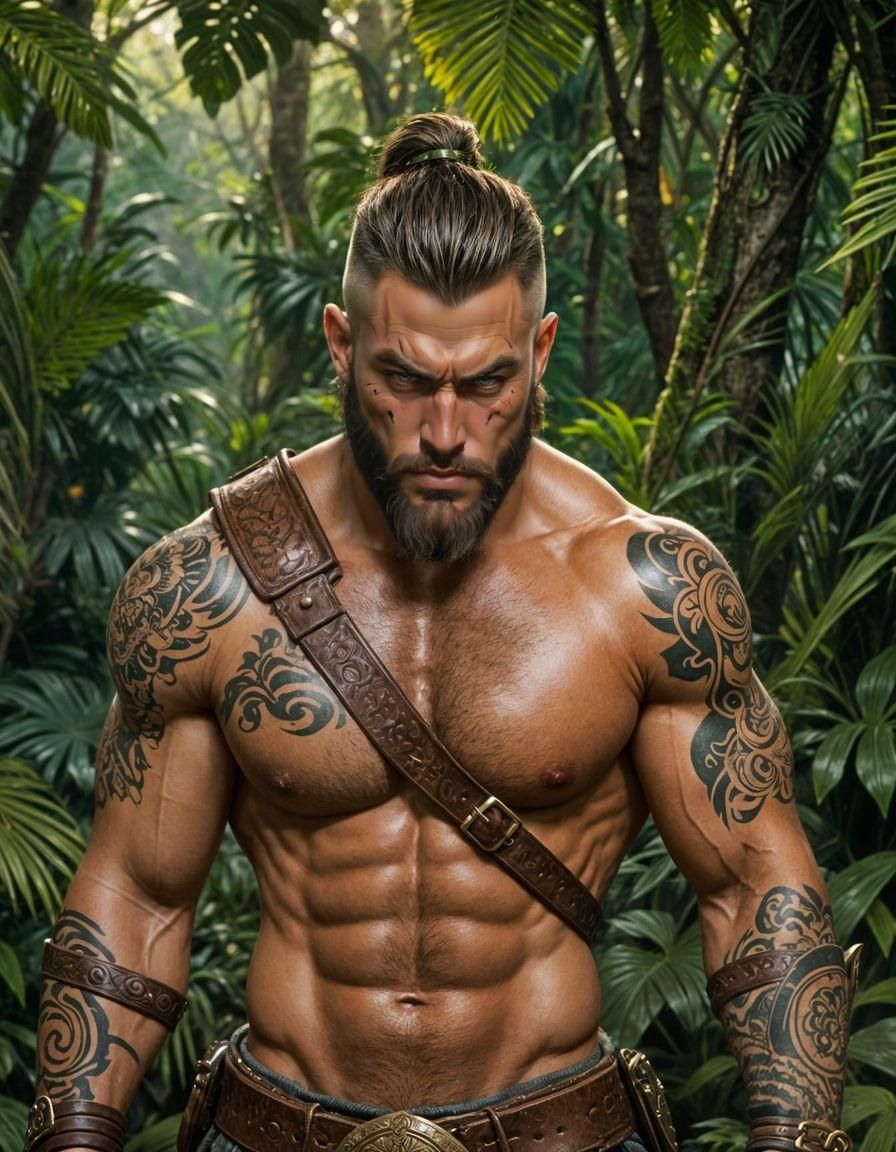Epic Barbarian Warrior in Lush Jungle Landscape