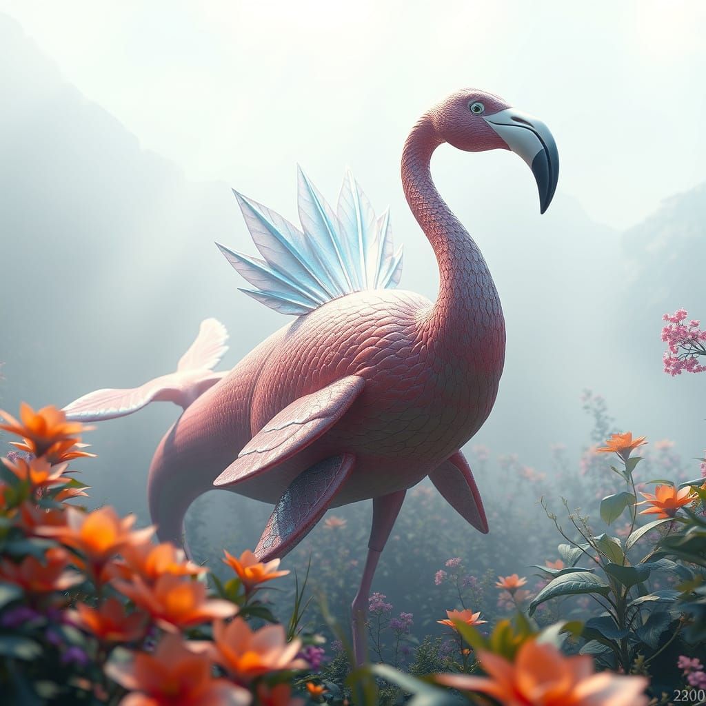 Ethereal Whale-Flamingo Hybrid in Lush, Vibrant Environment