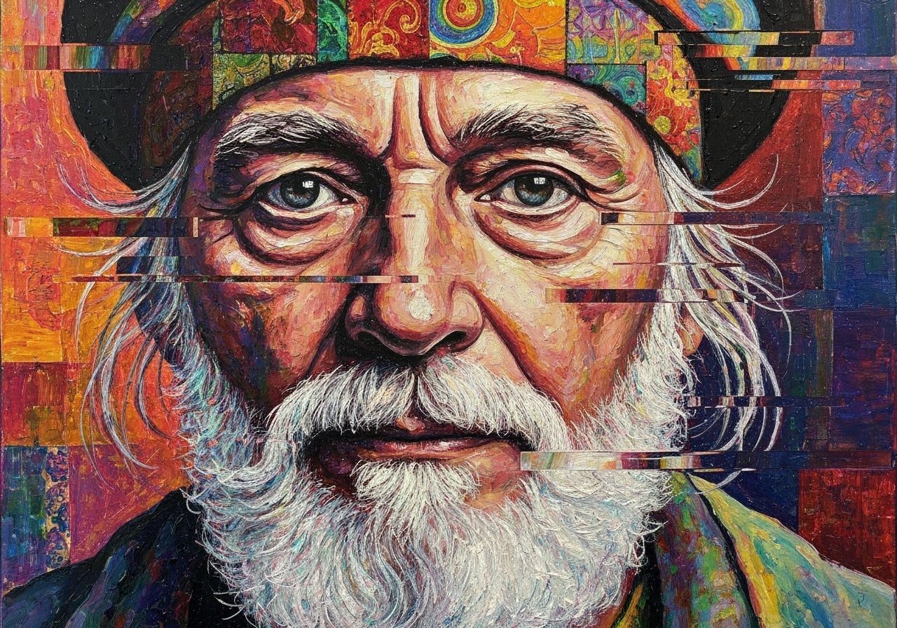 Psychedelic Glitch Portrait of Hippie in Digital Collage Sty...