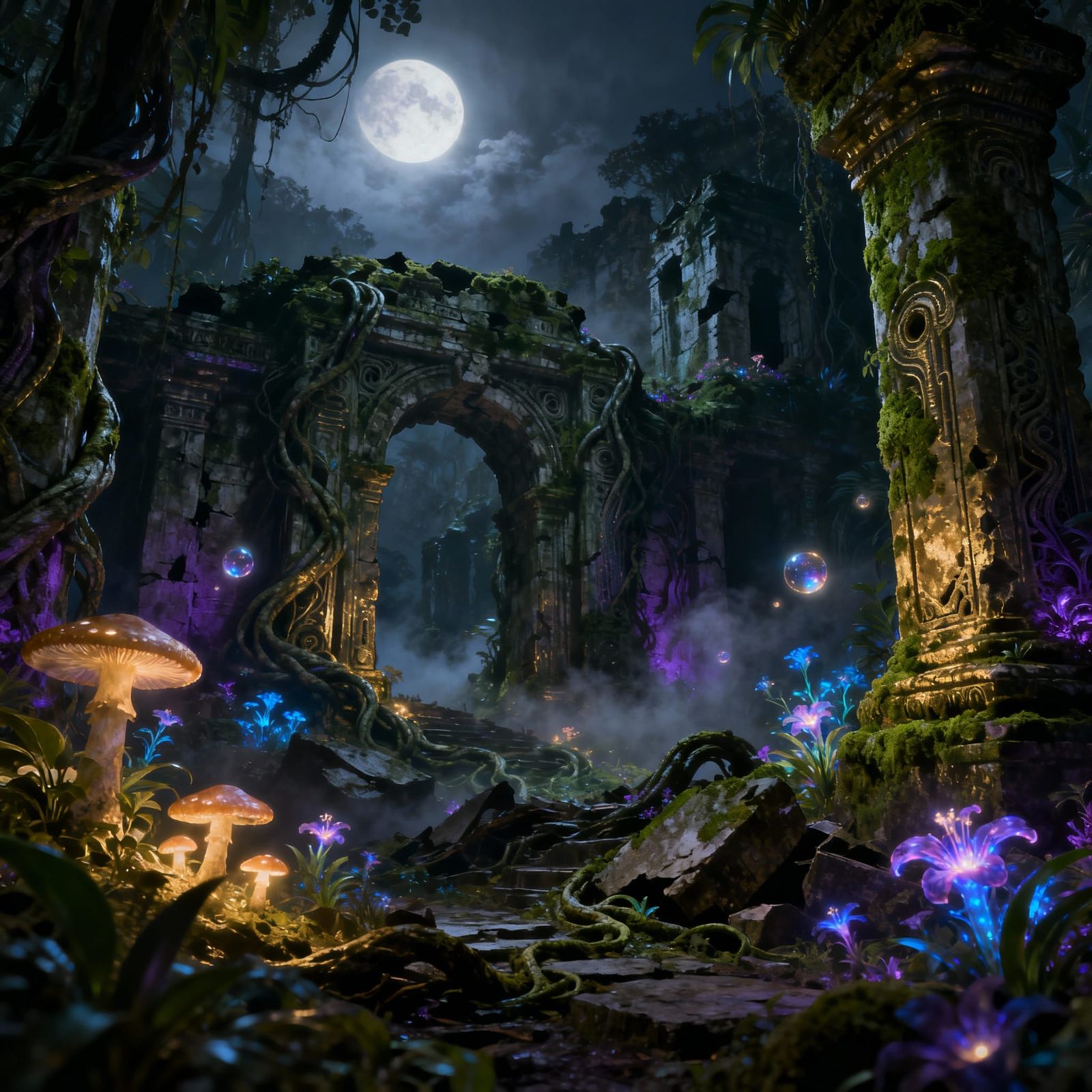 Moonlit Jungle Temple Ruins With Bioluminescent Flora