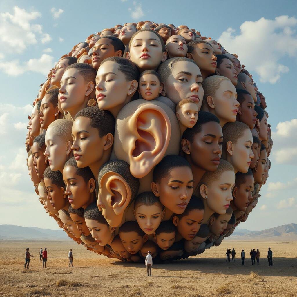 Surreal Globe of 5000 Human Ears in Hyperrealistic 3D